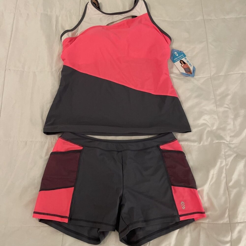 NWT Womens FREE COUNTRY Tankini 2 Pc Set Swimsuit Cloud Gray/Coral ColorBlock ~S
